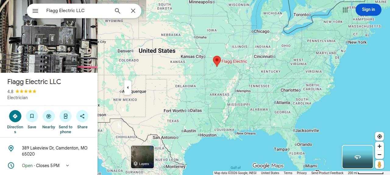 Google Maps listing for Flagg Electric LLC showing the business name, 4.8 rating, address, and open status